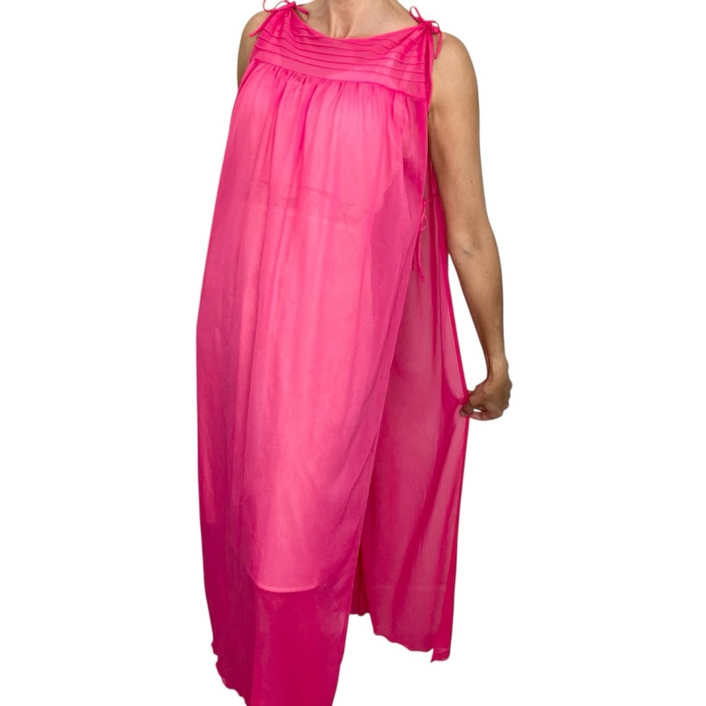 Vintage 70s AP Alepin Montreal hot pink sheer nylon long caftan maxi robe S